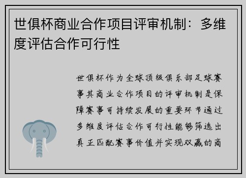 世俱杯商业合作项目评审机制：多维度评估合作可行性